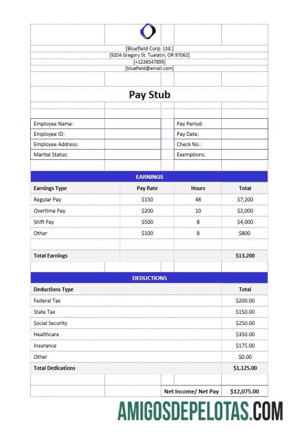 Em branco Modelo Word e PDF de recibo de pagamento da Bluefield Corp. Ltd